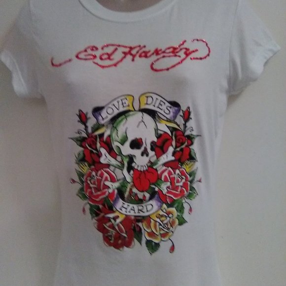 Ed Hardy White Short Sleeve with Rhinestones "Love Dies Hard" T-shirt - Picture 10 of 13